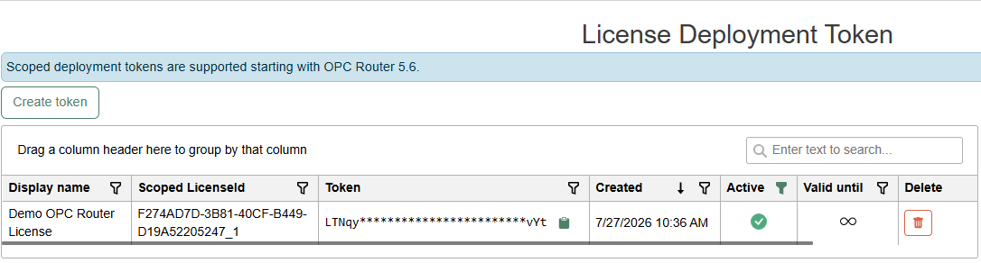 “Deployment Automation” section in the OPC Router License Portal with an overview of deployment tokens