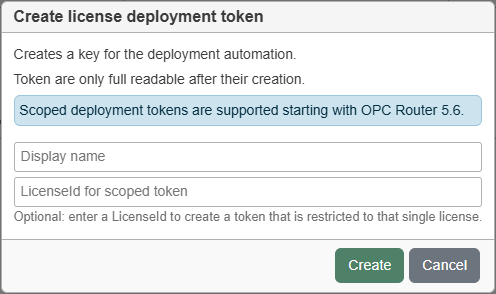 “Create license deployment token” dialog with display name and optional license binding