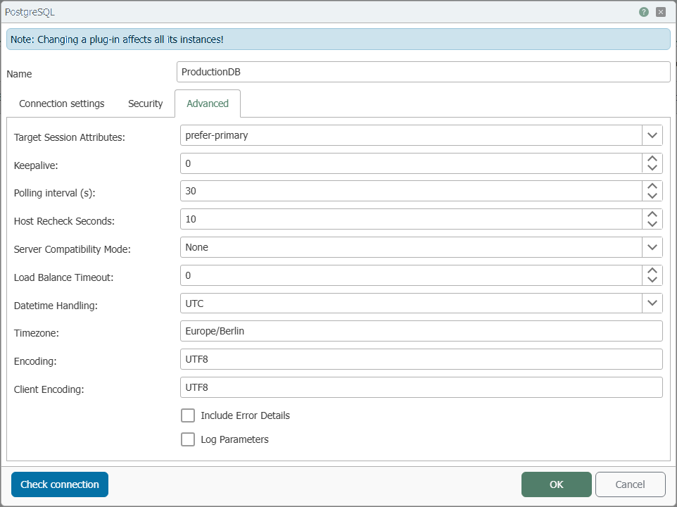  PostgreSQL plug-in connection dialog, “Advanced” tab with destination server, keepalive, timestamp, and encoding options 