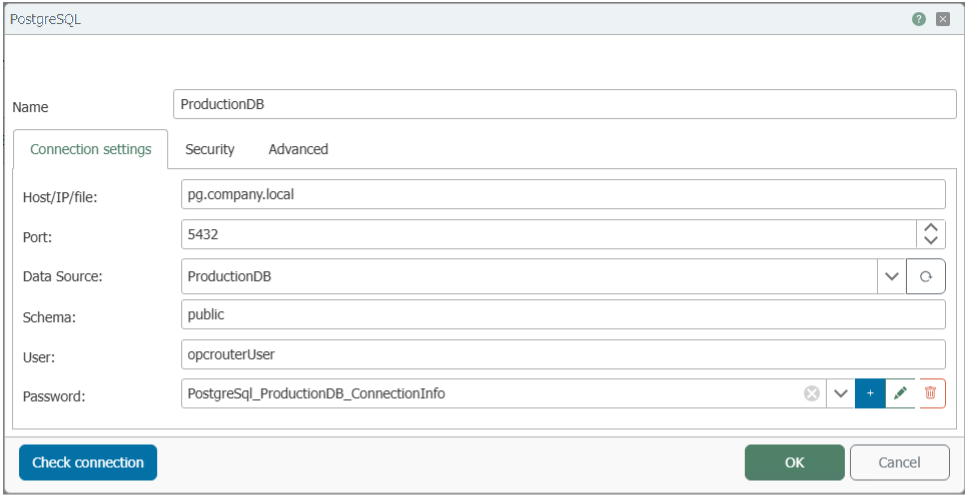  PostgreSQL plug-in connection dialog, “Connection settings” tab with host, port, data source, schema, and login 