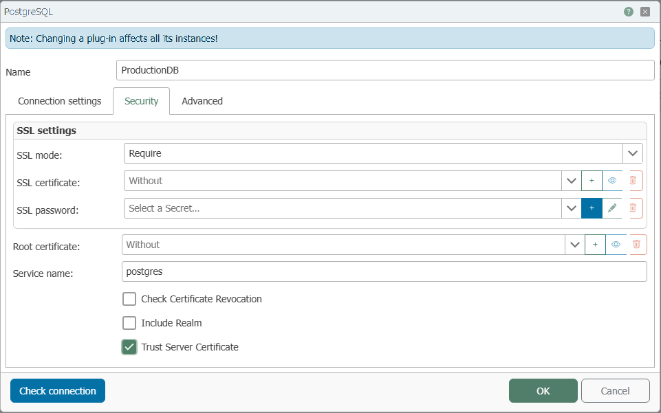  PostgreSQL plug-in connection dialog, “Security” tab with SSL mode, certificates, and Kerberos options 