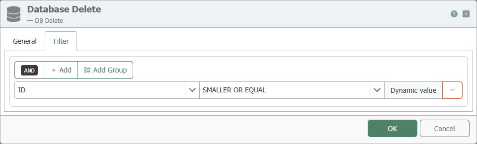 The filter for the DB Delete transfer object: ID less than or equal to the linked threshold