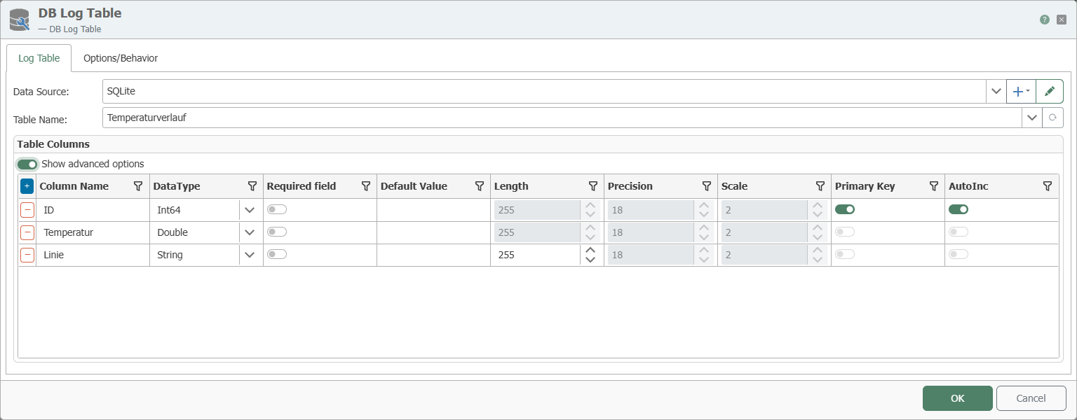DB Log Table with the SQLite connection, the table name “Temperature History,” and the columns