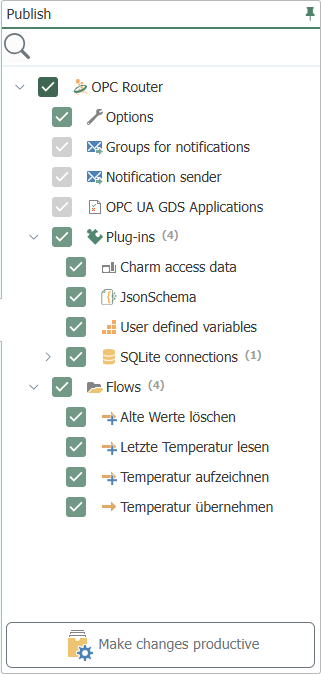 The Publish view with the root node selected: the SQLite connection and the flows from the quick start are queued for publication