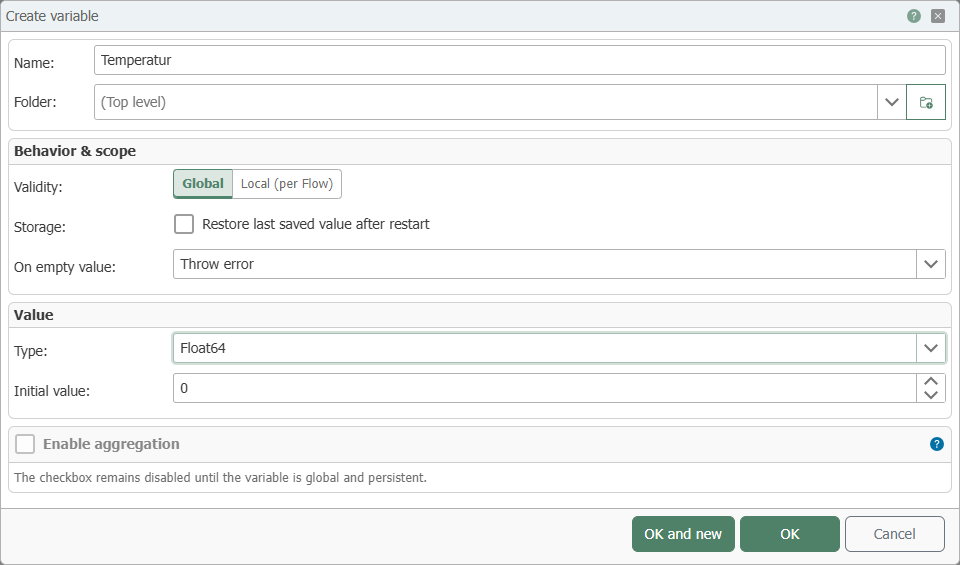 Create a variable with the name Temperature, scope Global, and type Float64