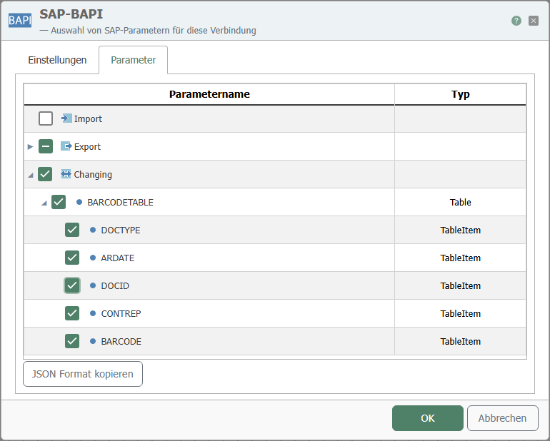 SAP BAPI Transfer Object – Parameters