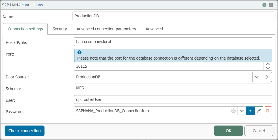  Connection dialog of the SAP HANA plug-in, “Connection settings” tab with host, port, data source, schema, and login 
