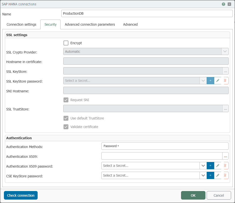  Connection dialog for the SAP HANA plug-in, “Security” tab with SSL settings and authentication method 