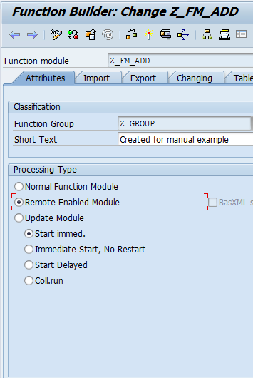 Function module Z_FM_ADD in the Function Builder