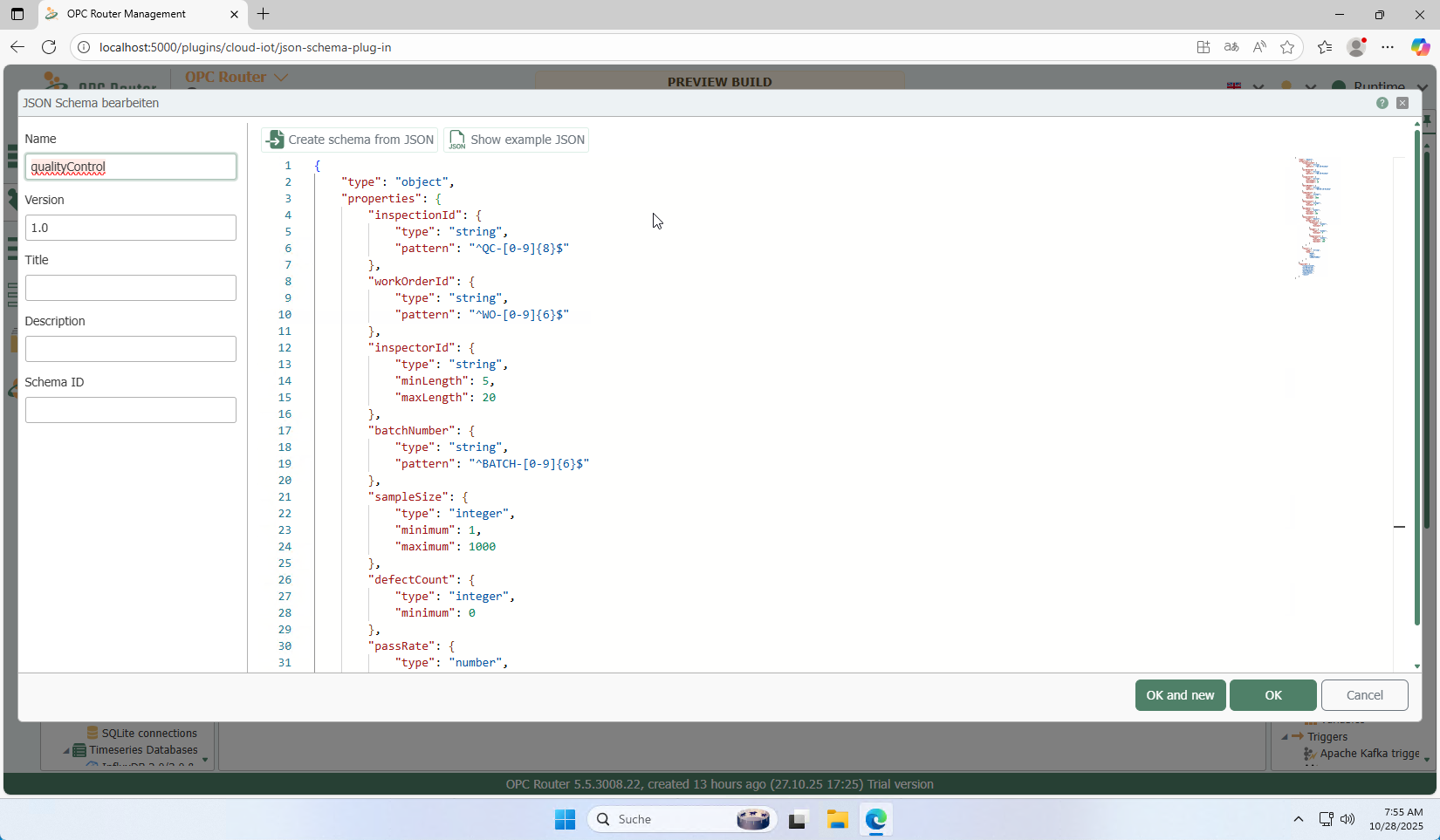 Editing a JSON schema in the editor