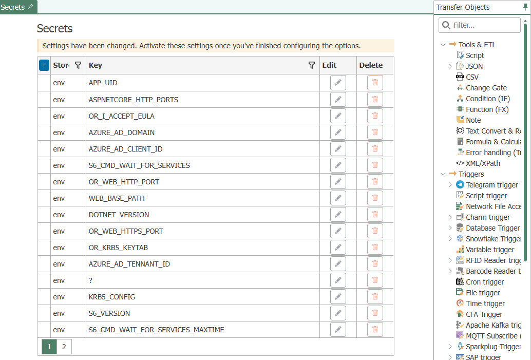 The Secrets list with the Store and Key columns