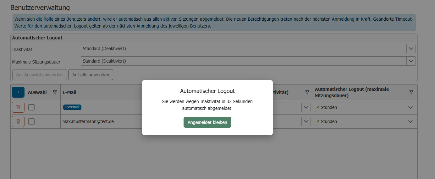 Warning before automatic logout with a countdown and the "Stay logged in" button