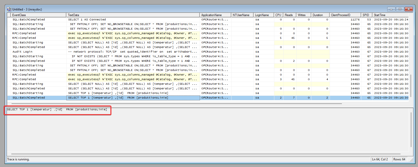 Select a query from the Profiler log