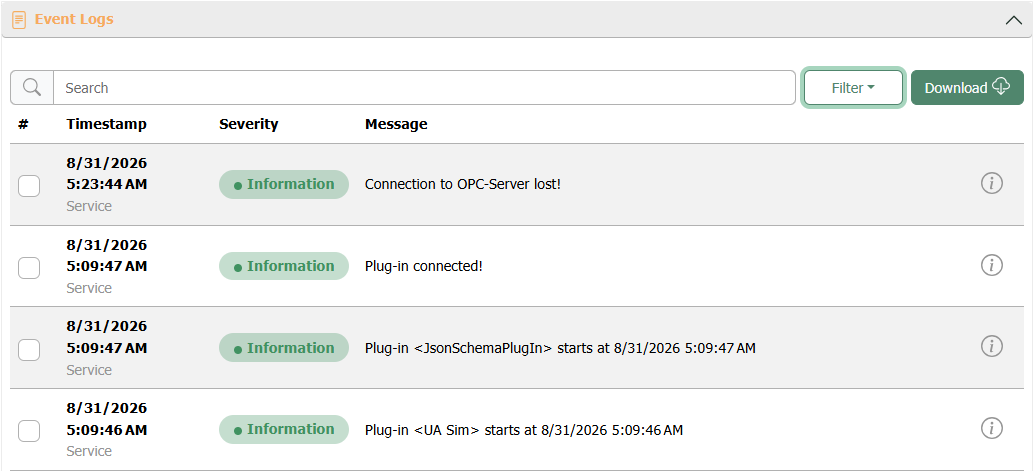 The service status event log with a search field, filter, and download option