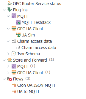 The status tree with the nodes Service Status, Plug-ins, Store and Forward, and Flows
