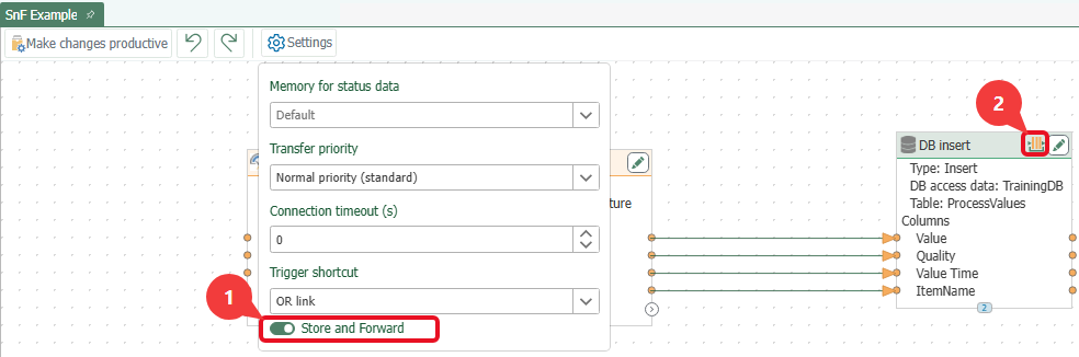 Store and Forward in connection settings: toggle (1) and icon on the transfer object (2)