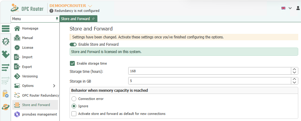 Store-and-Forward Settings Page