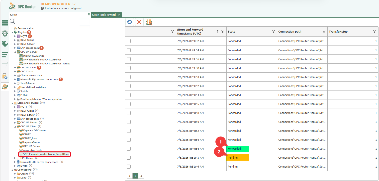 Store-and-Forward status of an OPC UA client instance with forwarded and pending data records