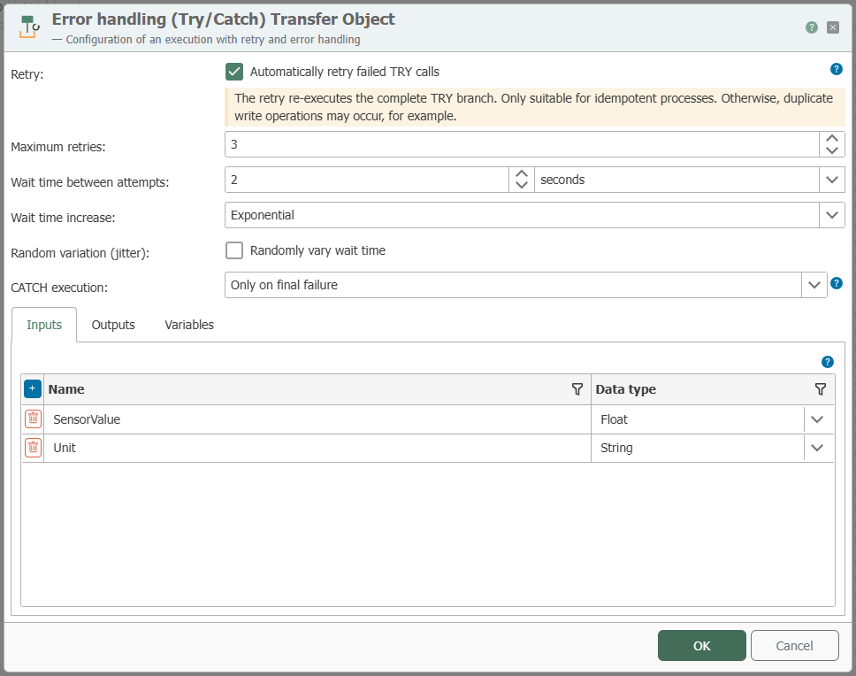  Editor for the Error Handling (Try/Catch) transfer object with repetition enabled, the repetition properties, and the “Inputs” tab