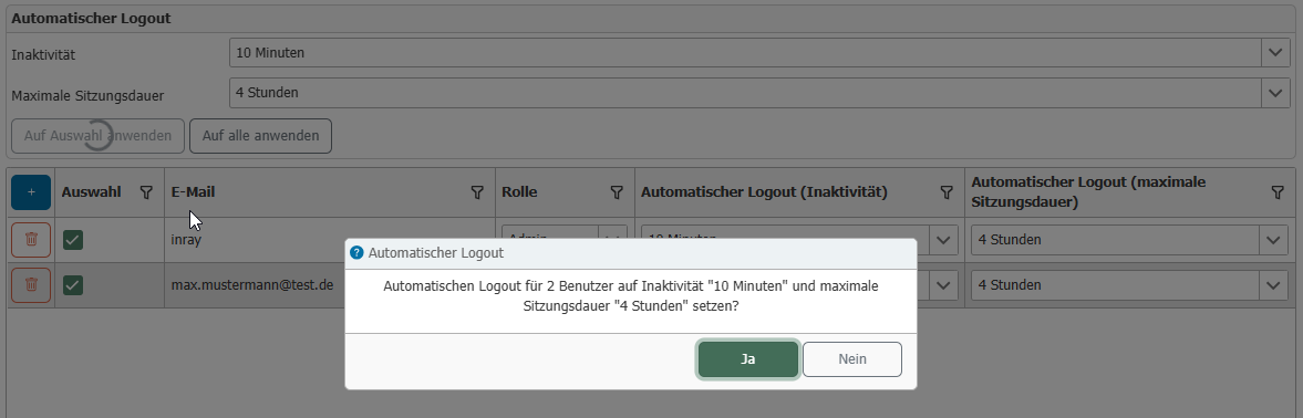 Confirmation dialog when setting logout times for multiple users