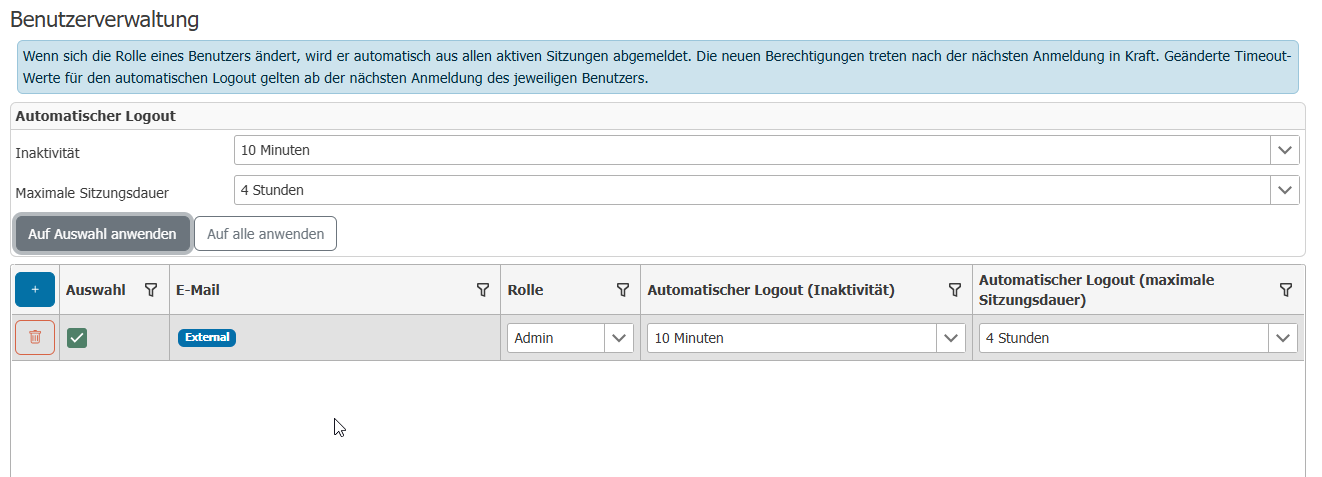 User Management with the columns for automatic logout and the bar for setting times for multiple users