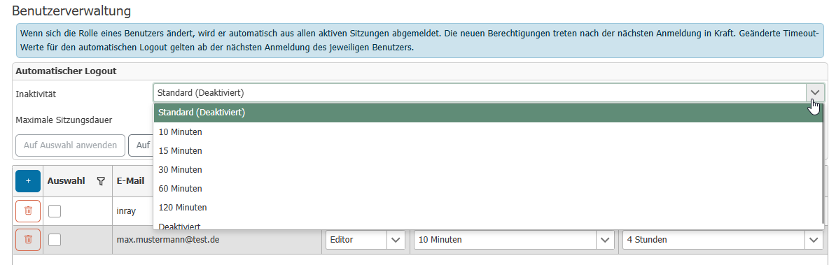 Drop-down list of inactivity times with the entries "Default" and "Disabled"