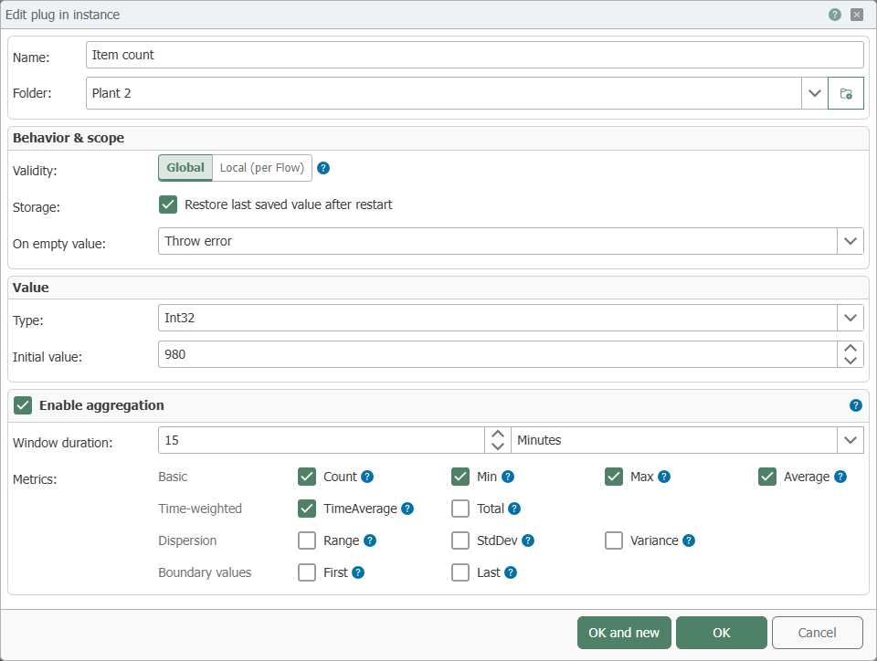 Edit dialog for a variable, showing the Behavior &amp; Scope, Value, and Aggregation sections